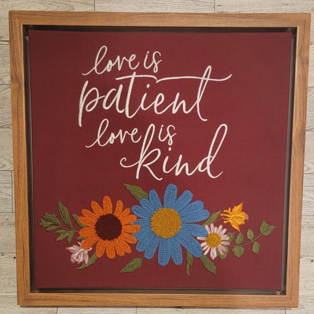 Love Is Patient Love Is Kind Floral Red‎ Embroidery In Wooden Frame